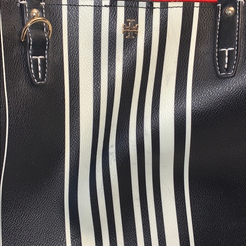 Tory Burch Black and White Striped Leather Tote with Gold Logo